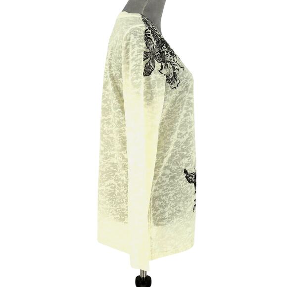 Coldwater Creek Top Womens Large Ivory Black Floral Sequin T-shirt Slub Knit - Picture 12 of 15